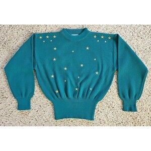 Vtg Meister Sweater Ski Jumper 90s Sport Cuffed Waist Teal Green Gold Stars Twee